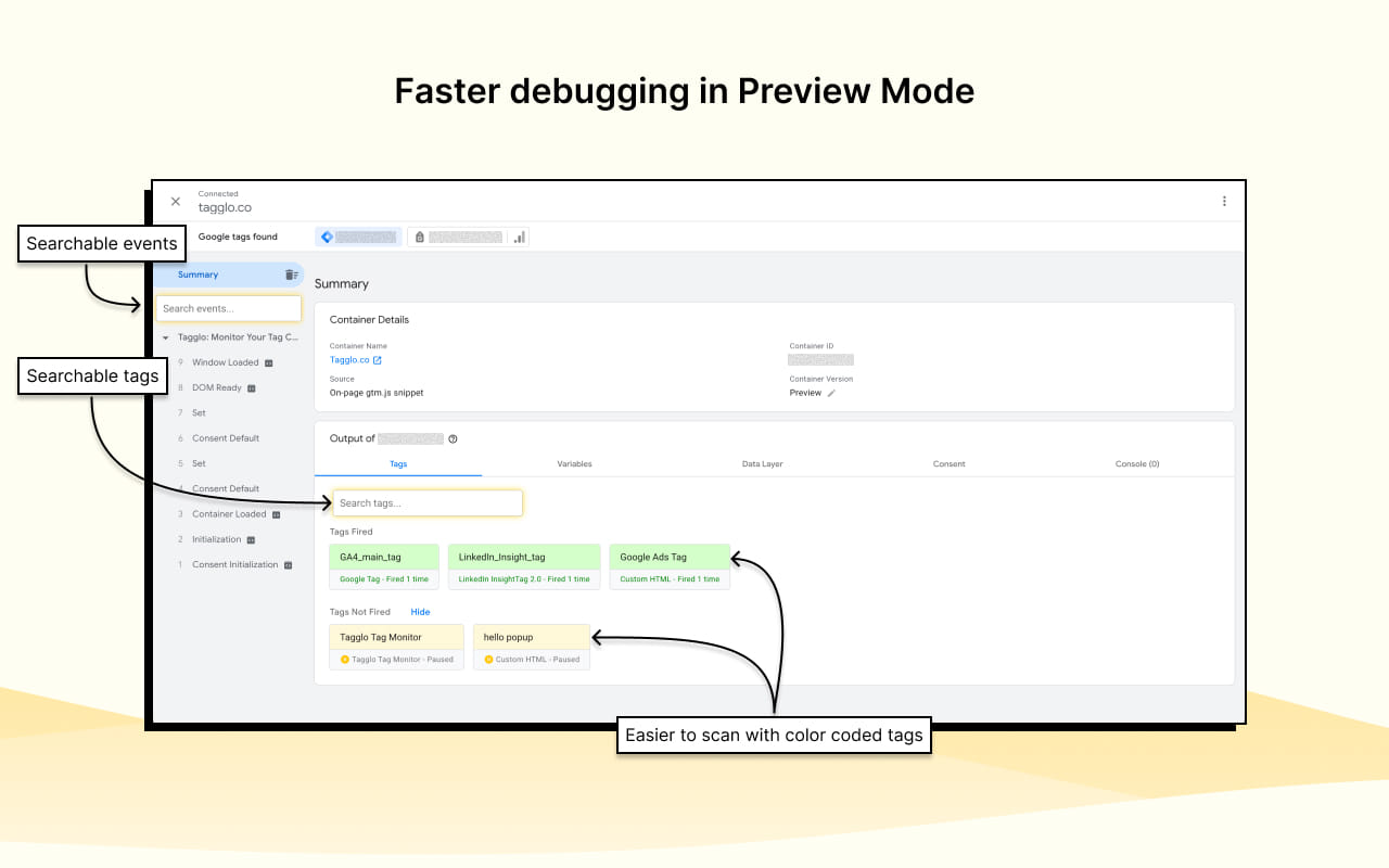 Google Tag Assistant Preview Mode with searchable events, searchable tags and color-coded firing outcomes