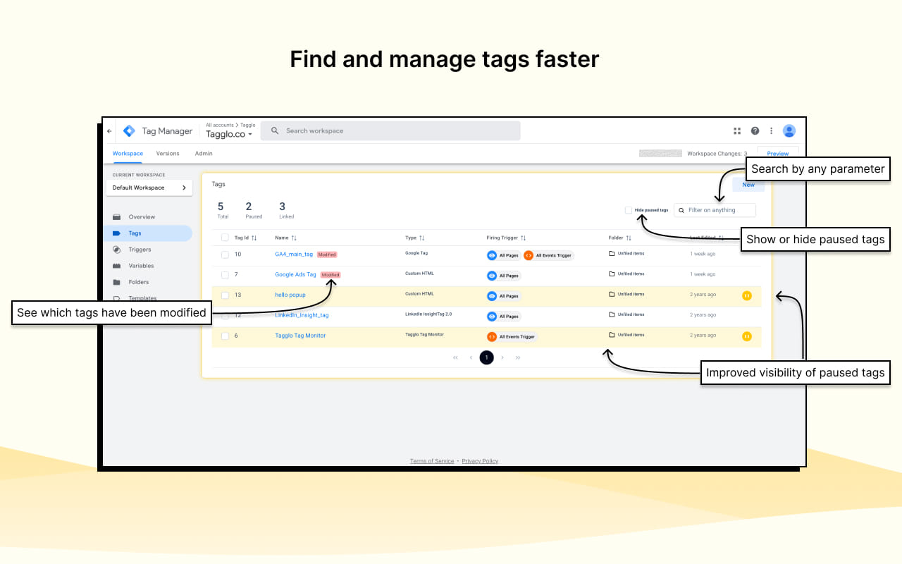 Enhanced tag table inside Google Tag Manager with search, modified badges and paused-tag visibility