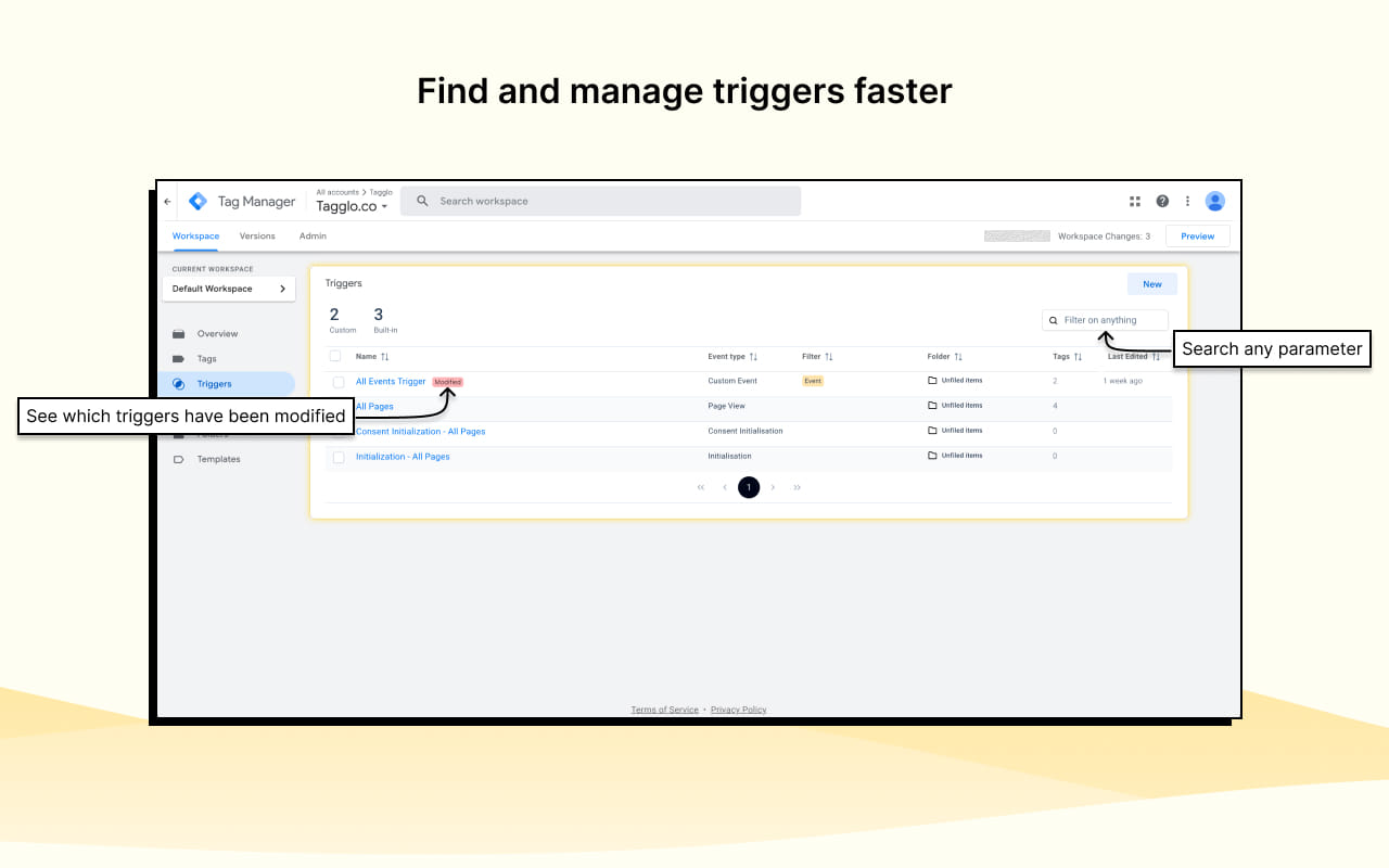 Enhanced trigger table inside Google Tag Manager with search and modified badges
